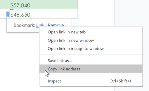 A cursor hovers over the Copy link address option within a Link drop-down menu. A cursor hovers over the Copy link address option within a Link drop-down menu.